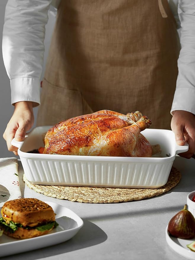 DOWAN Casserole Dish, 9x13 Ceramic Baking Dish, Large Lasagna Pan Deep for Oven, 4.2 Quarts Baking Pan with Handles, Oven Safe and Durable Bakeware for Lasagna, Home Decor, Wedding Gift, Soft White