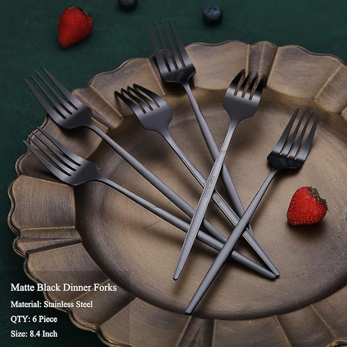 Matt Black 6 Piece Dinner Forks, 8.4'' Stainless Steel Silverware Set, Dessert, Salad, Table Forks for Home, Kitchen or Restaurant, Dishwasher Safe
