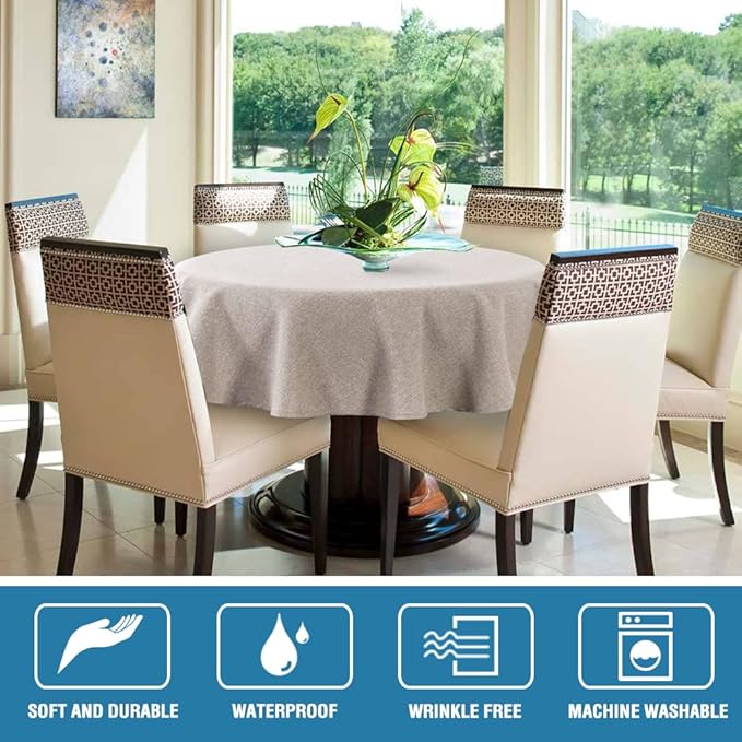 H.VERSAILTEX Linen Textured Tablecloth Round 60 inch Waterproof Decorative Table Cloth Spill-Proof Linen Look Cover for Party Table Extra Soft and Thick Fabric Wrinkle Free, Heather Sand