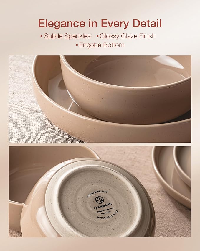 Famiware Milkyway Stoneware Dinnerware Sets with Pasta Bowls, Service for 6 (24 Pieces), Plates and Bowls Sets -Scratch Resistant, Microwave and Dishwasher Safe Dishes Set, Cinnamon Brown