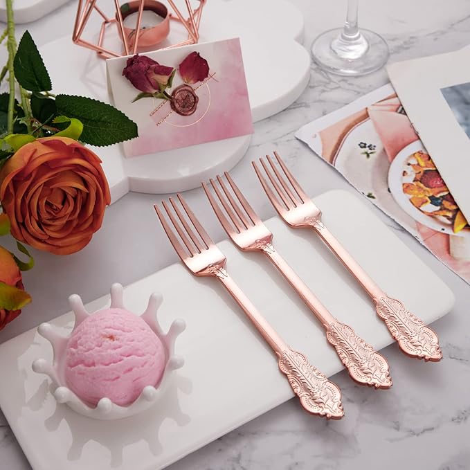 Ciaell 200PCS Rose gold Plastic Forks - Heavy Duty Plastic Forks - 7.48 Inch Heavyweight Rose gold Forks - Disposable rose gold Dessert Forks Perfect for Parties & Weddings & Restaurants
