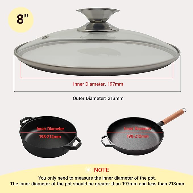 8 Inch Pan Lid, Tempered Glass Lid for Replacement, Clear Pan Cover for Frying, 8 Inch Lids for Frying Pans, Skillets, Sauce Pan