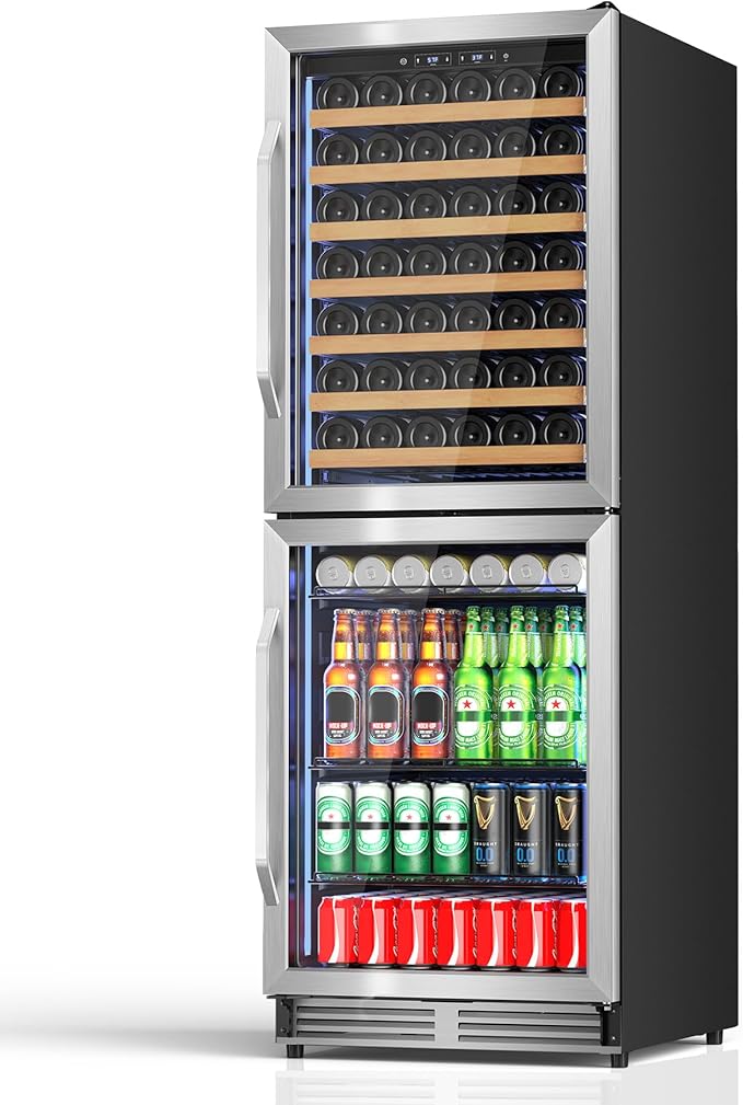 Wine Beverage Refrigerator with Double-Layer Temperature Zone, 24'' Large Capacity Built-in & Freestanding Wine Cooler Fridge for 154 Bottles, Wine and Beverage Fridge Combo for Home Kitchen Outdoor