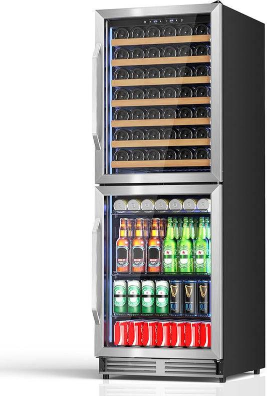 Wine Beverage Refrigerator with Double-Layer Temperature Zone, 24'' Large Capacity Built-in & Freestanding Wine Cooler Fridge for 154 Bottles, Wine and Beverage Fridge Combo for Home Kitchen Outdoor