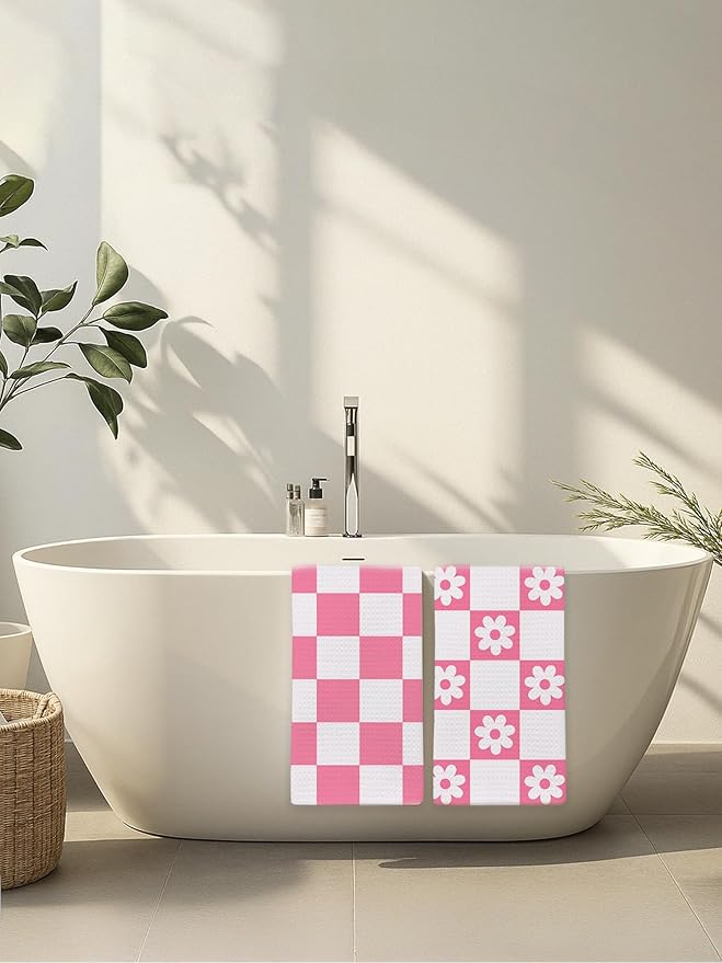 2 Pack Pink Checkered Floral Hand Towels for Bathroom - Cute Colorful Daisy Dish Tea Towels for Kitchen, Cottagecore Decorative Hand Towels for Guest Bathroom, Housewarming Gift Idea 309