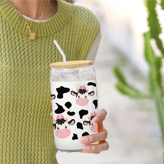 Cute Cow Glass Cup Gifts with Lids and Straws 14oz, Cow Print Gifts for Cow Lovers, Cow Print Stuff Glass Coffee Tumbler Drinking Jars with Cleaning Brush
