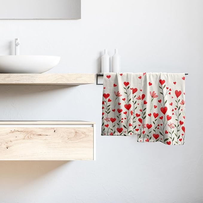 Imiss Red Love Hearts Hand Towels Set of 2 Flowers Holiday Bathroom Towel 14.4 x 28.3 Inch Wedding Farmhouse Decoration Fingertip Towels for Hotel Gym Spa