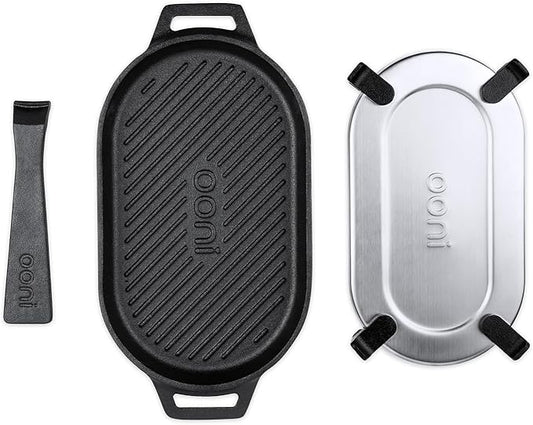 ooni Cast Iron Grizzler Pan - Grill Frying Pan, 12" x 6" Griddle Plate with Removable Handle and Stainless Steel Trivet, Pre-Seasoned Non-Stick Oven Safe Cookware, Pizza Oven and BBQ Accessories