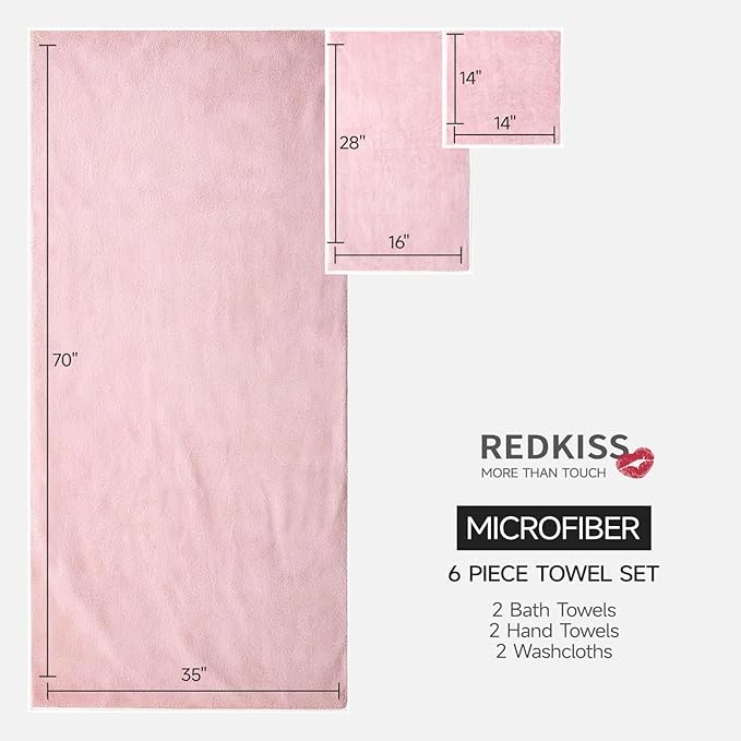 REDKISS Bath Towels Set of 6 - Oversized Bath Sheets (70 x35 in), 670GSM Ultra Soft & Highly Absorbent, Quick Dry Pink Towel Sets for Bathroom, Spa, Hotel, Gym