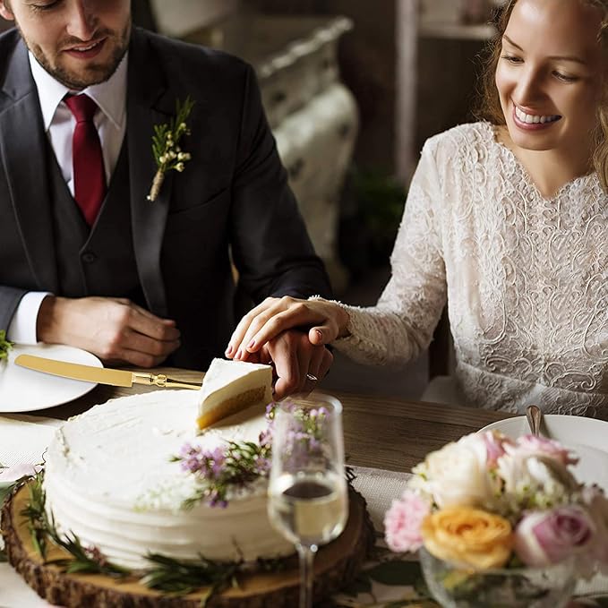 Homi styles Gold Elegant Cake Knife and Server Set, Cake Server and Knife Set of 2 with 420 Stainless Steel Plated Thick Blades, Cake Cutting Set for Wedding, Birthdays, Anniversaries, and Parties