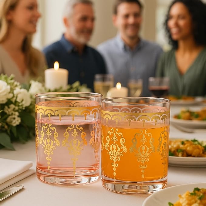 Khen Pink Moroccan Tumbler Glassware | Set of 2 | Gold Ornate Vintage Decorative Drinking Cups, Retro Bohemian Pattern Barware for Water, Whiskey, Cocktail, Iced Tea, Durable Embossed Home Drinkware