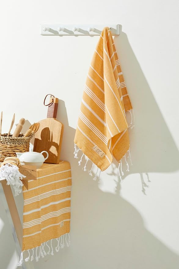 Hand Towels - Set of 2, 18" x 30" inches, Decorative Peshtemal Cotton Hand Towels for Kitchen, Bath, Guest, Face, Hair, Gym, Yoga, Dishcloth, Travel (Mustard Yellow)