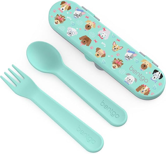 Bentgo Kids Utensil Set - Reusable Plastic Fork, Spoon & Storage Case - BPA-Free Materials, Easy-Grip Handles, Dishwasher Safe - Ideal for School Lunch, Travel, & Outdoors (Puppy Love)