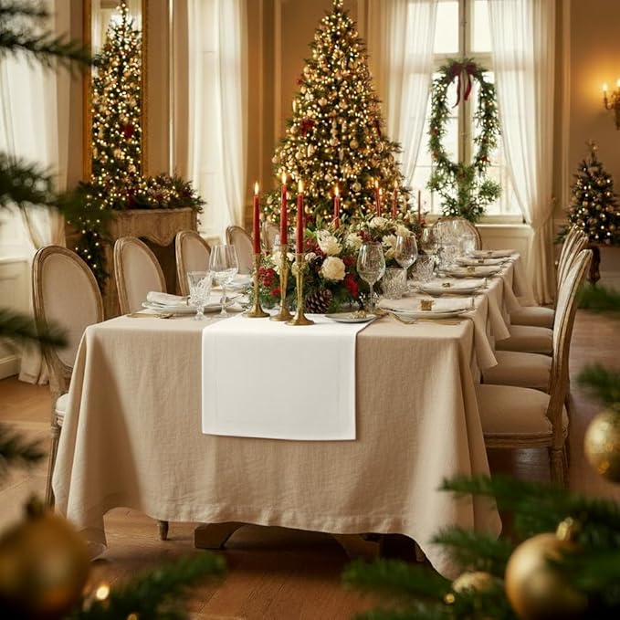 D'Moksha Homes Linen Ivory Table Runner 90 Inches Long - 100% Pure Linen 14 x 90 Inch Table Runner for Dining, Winter, Holiday, New Year - Machine Washable