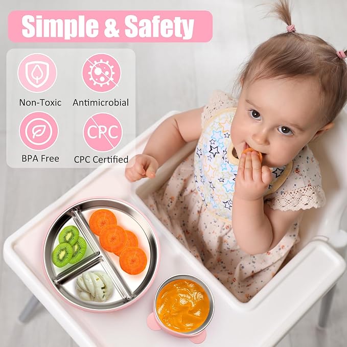 Stainless Steel Kids Plates and Bowls with Suction, Divided Baby Plate and Toddler Bowl with Removable Silicone Suction, Non-Slip Baby Feeding Set Dishwasher Safe, 4 Packs