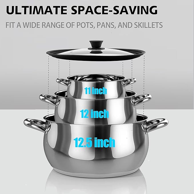 Tempered Glass Lid - Universal Lid with Heat Resistant Silicone Rim for Pots, Pans and Skillets - Pan Cover Replacement Lid Fits 11", 12" and 12.5" Diameter Cookware