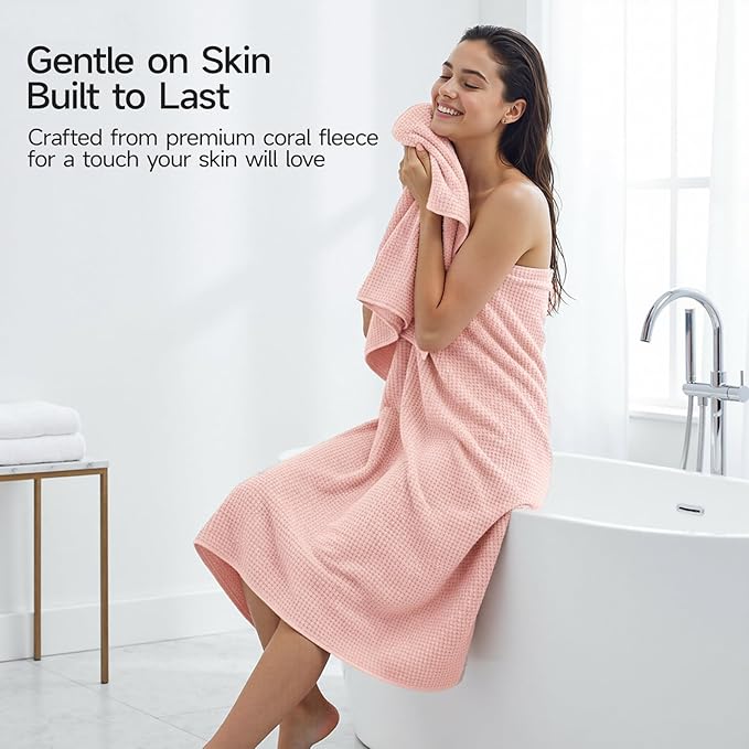 REDKISS 4 Pack Pink Bath Towels, 35 x 70 in Extra Large Coral Fleece Bath Towel Set, Super Soft Highly Absorbent Plush Bathroom Towels for Adults, Quick Dry Towel Set for Spa, Gym, Travel