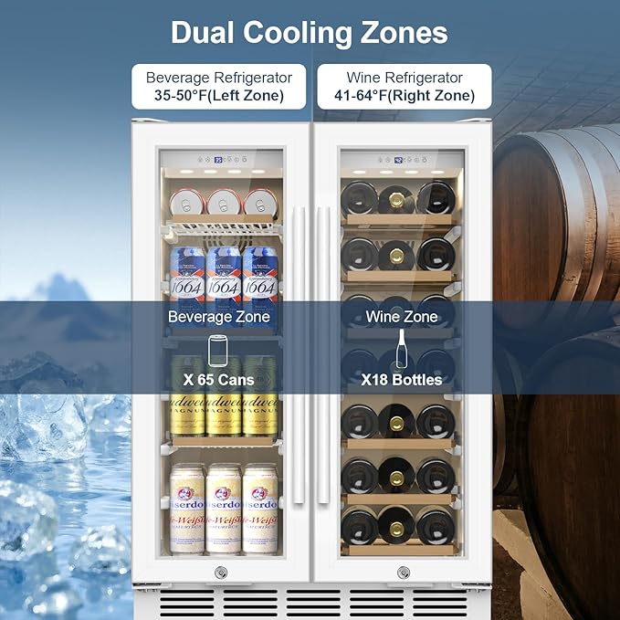 Wine and Beverage Refrigerator, 24 Inch Beverage Cooler Dual Zone with Glass Door, Under Counter Beverage Fridge with Upgraded 65 Cans 18 Bottles Large Capacity, White
