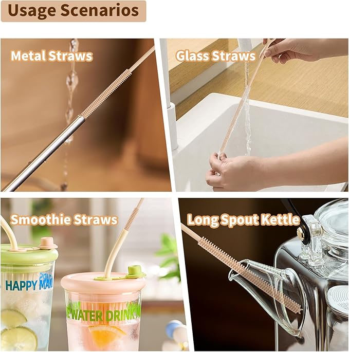 Silicone Straw Cleaner Brush, 2Pcs Reusable Straw Brush Extra Long for Cleaning Tumbler with Handle and Glass Metal Smoothie Straws, Non-slip Handle Soft and Bendable, 6mm+9mm (Khaki)