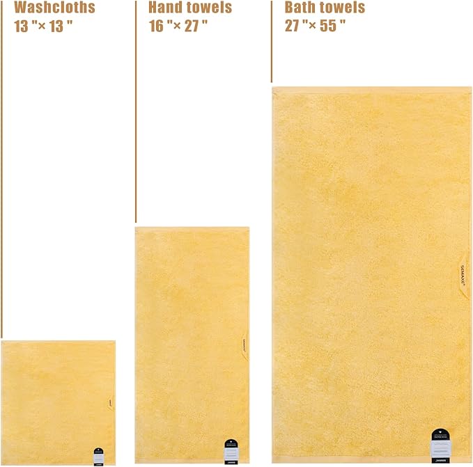 SEMAXE Yellow Bath Towel Set, 100% Cotton Absorbent Bathroom Towels with Hanging Loops, 8 Piece Towel Set Include 2 Bath Towels, 2 Hand Towels, 4 Washcloths