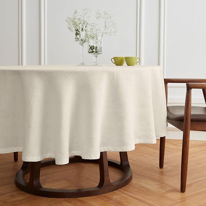 Solino Home Linen 60 Inch Round Tablecloth - 100% Pure Linen Ivory Round Tablecloth - Machine Washable Table Cloth for Holiday, New Year - Sonoma