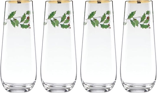 Lenox 889237 Holiday 4-Piece Stemless Flute Set, Christmas Theme