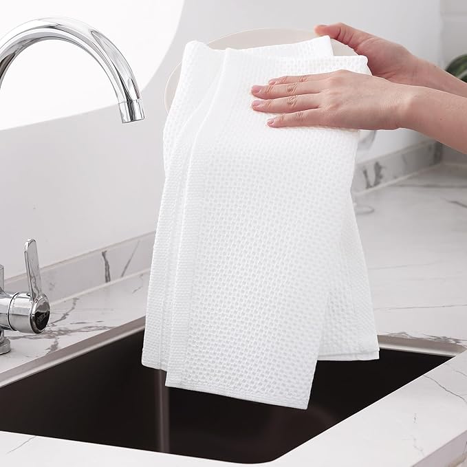 Homaxy 100% Cotton Waffle Weave Kitchen Dish Towels, Ultra Soft Absorbent Quick Drying Cleaning Towel, 20x28 Inches, 8-Pack, White