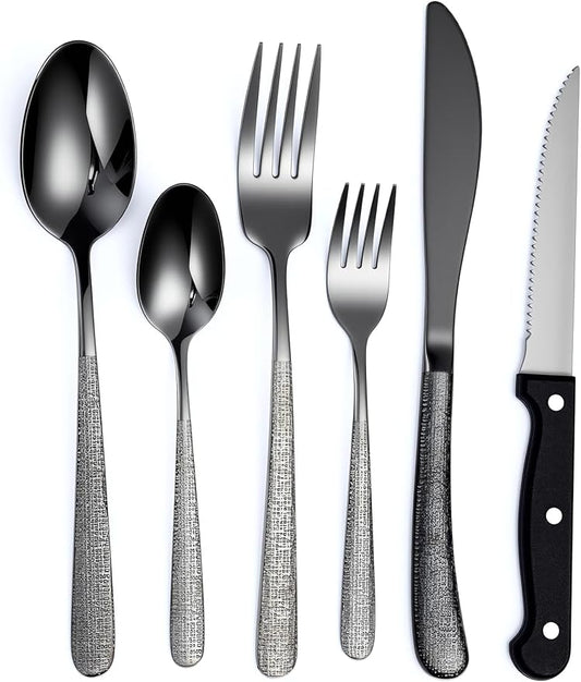 Drill Pattern Cutlery Set, 24-Piece Black Silverware Set With Steak Knives, Black Flatware Set For 4, Food-Grade Stainless Steel Set, Dishwasher Safe, Elegant Home Tableware and Dining Utensils