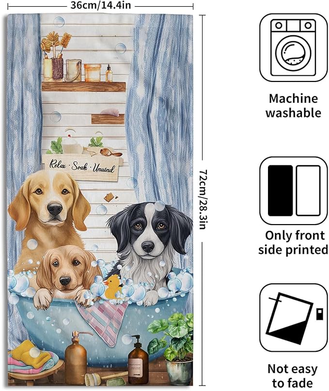 Imiss Funny Dog Hand Towels Set of 2 Bathtub Dog Bath Soap Foam Bathroom Guest Towel Wooden Vintage Country Kitchen Dish Towel 14.4 x 28.3 Inch for Bathroom Spa Sport Hotel