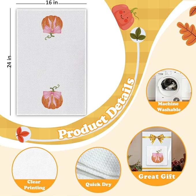 Pumpkin Fall Kitchen Towels, Farmhouse Autumn Dish Hand Towels Microfiber Waffle Weave 16x23.5 Inch, Rustic Thanksgiving Halloween Fall Decor for Kitchen Bathroom-C09