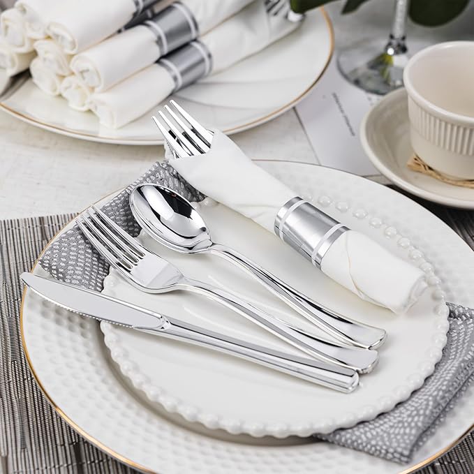 N9R 120 Pack Pre Rolled Silver Plastic Silverware Set, Wrapped Silverware Set Disposable with 120 Forks, 120 Knives, 120 Spoons, 120 Napkins, Disposable Cutlery Set for Party and Wedding