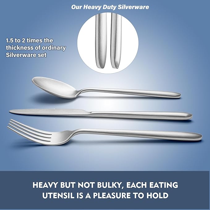 Heavy Duty Silverware Set, EIUBUIE 40-Piece Premium Stainless Steel Flatware Sets For 8, Matte Brushed Finish Cutlery Tableware Modern Kitchen Utensils Set for Home Restaurant, Dishwasher Safe
