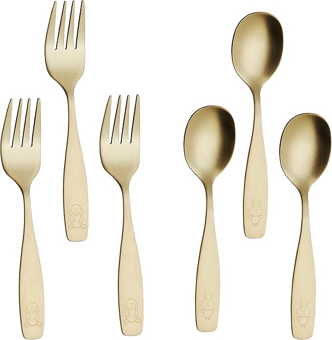 ANNOVA Kids Silverware Children's Safe Flatware Set Stainless Steel - Children Forks, Children Tablespoons, Toddler Utensils, Metal Cutlery Set for LunchBox (Gold, 6)