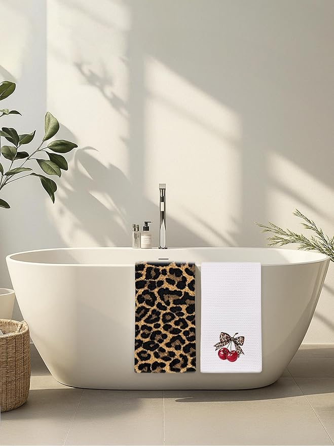 Leopard Bathroom Hand Towels Set of 2 - Cheetah Bow with Cherry Guest Hand Towels, Leopard Print Dish Tea Towels for Kitchen Decor, Cherry Themed Gifts for His Hers, Housewarming Gift Idea