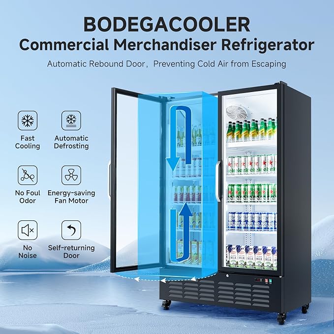 BODEGACOOLER Commercial Merchandiser Refrigerator, 36.8 Cu.Ft Upright Display Beverage Cooler, 2 Glass Door Display Refrigerator with Soft LED Light, Adjustable Shelves, 4 Strong Castors(Black)
