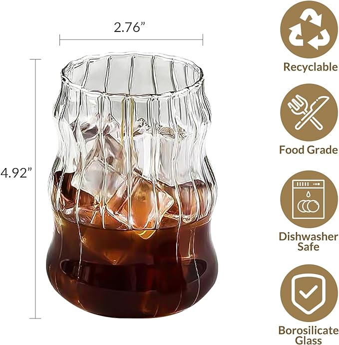 4 Pcs Ribbed Glass Cups, Vintage Drinking Glassware with Glass Straw 18 Oz Bubble Iced Coffee Cup for Juice, Tea, Beverage, Milk, Beer, Cocktails Ideal for Gift