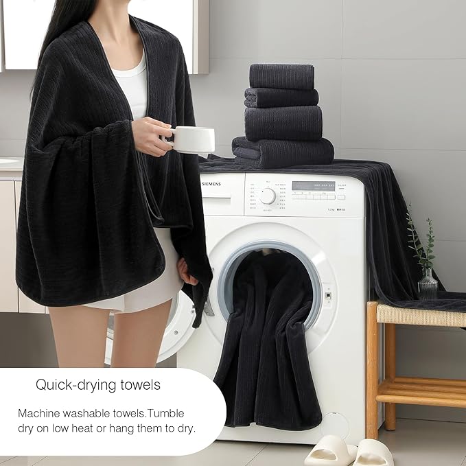 18 Piece Family Bath Towel Set Include 6 Bath Towels,6 Hand Towels and 6 Washcloths Soft Bathroom Towel with Hanging Loops,Highly Absorbent Quick Dry Towels Set for Bathroom,Hotel and Spa-Black