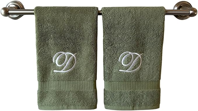 Sage Monogrammed Hand Towels for Bathroom - Luxury Hotel Quality Personalized Initial Embroidered Towel for Powder Room, Spa - GOTS Organic Certified - Set of 2 White Letter D