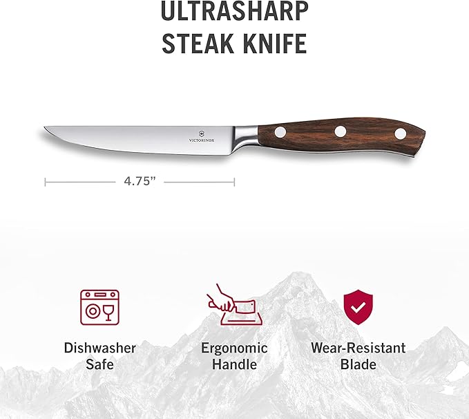 Victorinox 7.7240.4 Grand Maître Steak Knife Set Ideal for Slicing a Wide Variety of Steak Cuts Straight Blade in Rosewood, Set of 4