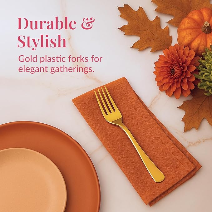 Prestee 100 Count Plastic Forks - 7" Heavy Duty Gold Plastic Silverware Utensils - Elegant, Disposable Gold Forks for Weddings, Parties, and Holidays - Fancy Flatware Set for Events and Catering