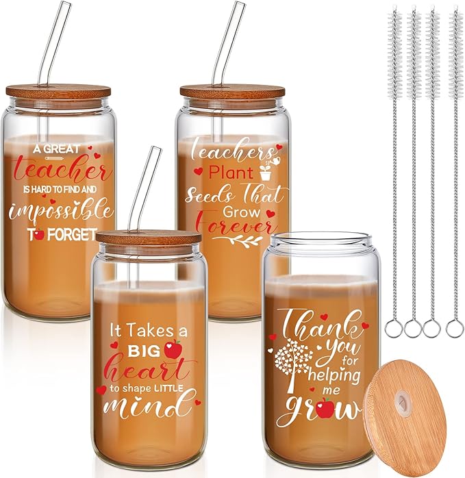 4 Pcs 16 oz Christmas Teacher Gifts for Women Teacher Appreciation Gifts Thank You Coffee Cup Tumbler Drinking Glass Beer Cups with Bamboo Lids Glass Straw Cleaning Brush for Employee Staff(Classic)