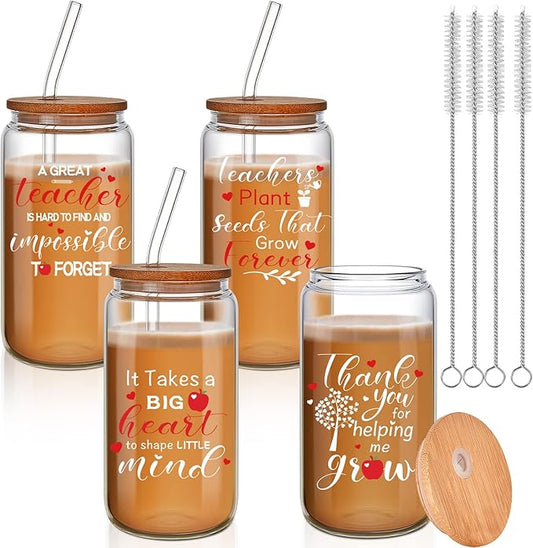 4 Pcs 16 oz Christmas Teacher Gifts for Women Teacher Appreciation Gifts Thank You Coffee Cup Tumbler Drinking Glass Beer Cups with Bamboo Lids Glass Straw Cleaning Brush for Employee Staff(Classic)