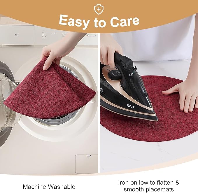 homing 15 Inch Round Cloth Placemats Set of 4, Cotton Linen Blend Washable Table Mats, Farmhouse Dining Place Mats for Indoors & Outdoors, Easy to Clean, Red