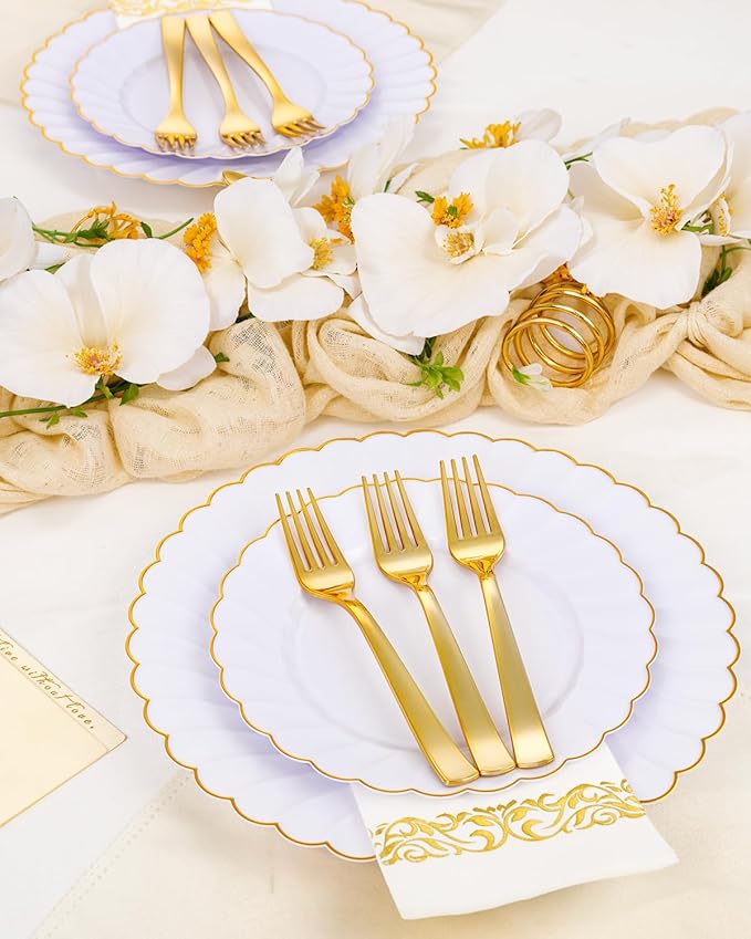 YOUBET 50PCS Gold Plastic Forks - Heavy Duty Plastic Forks - Solid Durable Gold Disposable Silverware for Party Picnic Wedding and Daily Use & Christmas