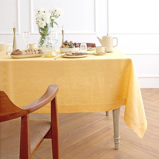 Solino Home Linen Tablecloth 60 x 108 Inch - 100% Pure Linen Chambray Mustard Yellow Table Cloth for Rectangular Tables - Athena, Machine Washable Cloth Tablecloth