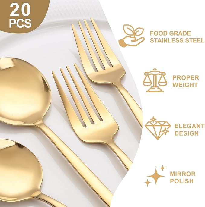 NOCCUR 20-Piece Gold Silverware Set for 4 - Stainless Steel Gold Flatware Set Include Knives, Spoons and Forks - Mirror Polished for Home/Party/Thanksgiving
