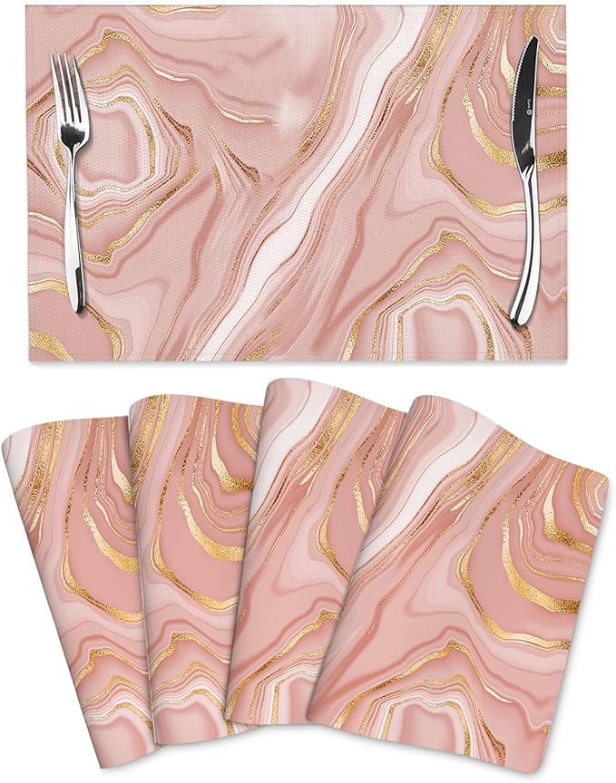 Pink Golden Marble Placemats Set of 4 Linen 12"x18" Rose Pink Modern Decorative Place Mats Washable Kitchen Table Mats for Dining Outdoor Farmhouse Home Decor Holiday Party Dining Mat