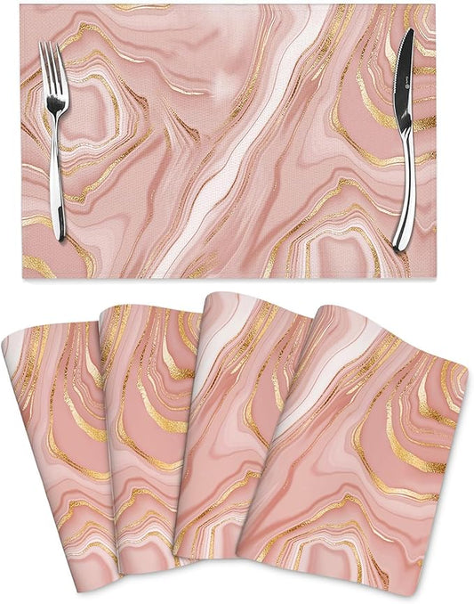 Pink Golden Marble Placemats Set of 4 Linen 12"x18" Rose Pink Modern Decorative Place Mats Washable Kitchen Table Mats for Dining Outdoor Farmhouse Home Decor Holiday Party Dining Mat