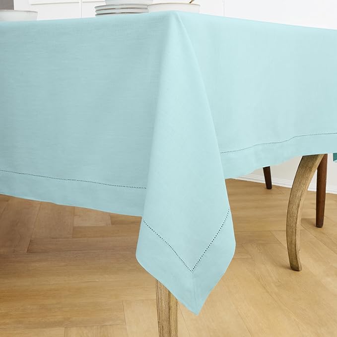 Solino Home Linen Tablecloth for Rectangle Tables 60 x 120 Inch - Classic Hemstitch 100% Pure Linen Aqua Blue Table Cloth - Machine Washable Cloth Tablecloth for Holiday, New Year