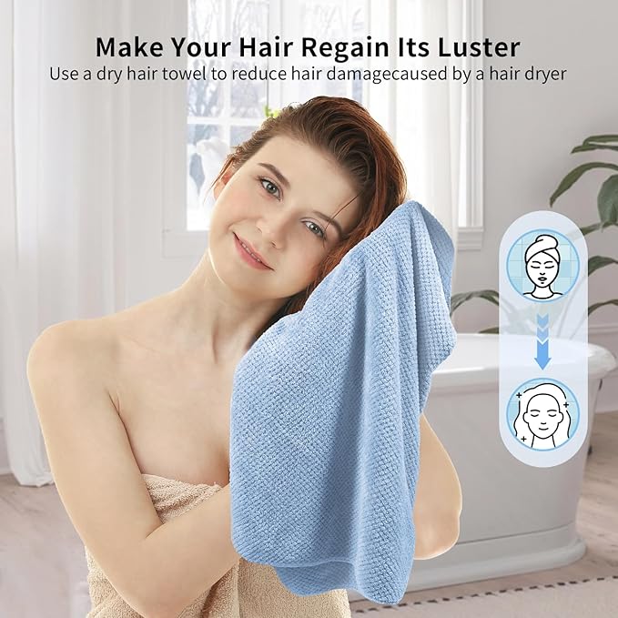 2 Pack Extra Large Microfiber Hair Towel Wrap for Women, 37.4" x 26.4" Super Absorbent & Quick Dry with Elastic Strap for Curly Hair (Blue)